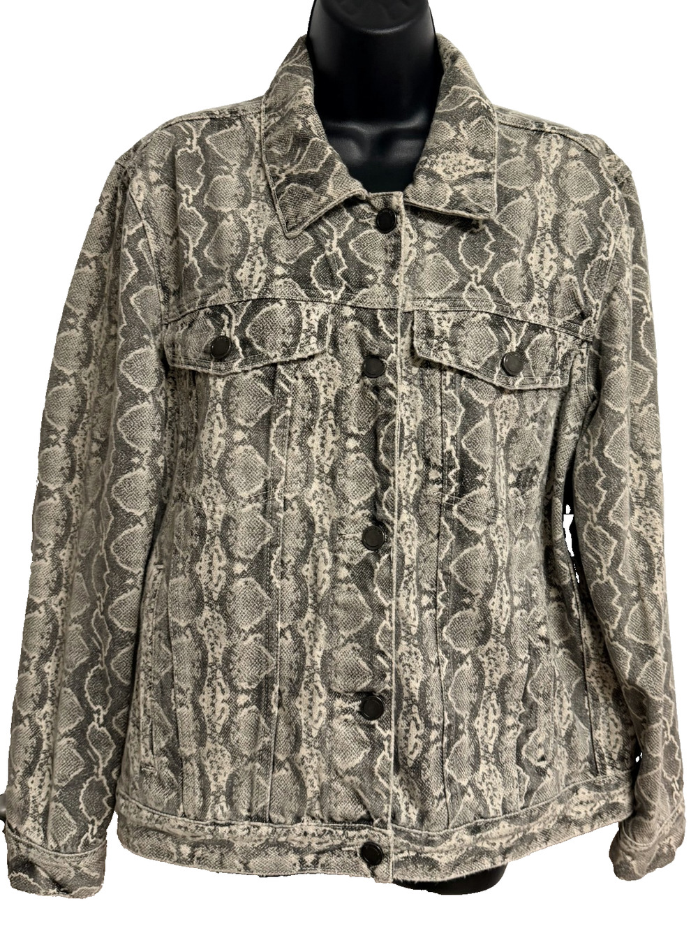 BLANKNYC Trucker Jacket Women's XL Beige Snake Print Denim Flap Pockets Classic